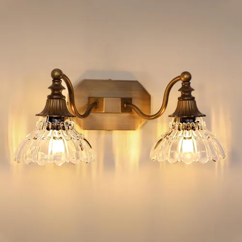 hesoge Lámpara de baño vintage de latón antiguo con pantalla de cristal dorado cepillado de 2 luces sobre espejo