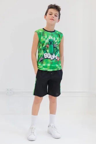 Miniatura 3 de Minecraft Creeper - Conjunto de 3 piezas para niños pequeños, camiseta sin mangas, pantalones cortos de malla