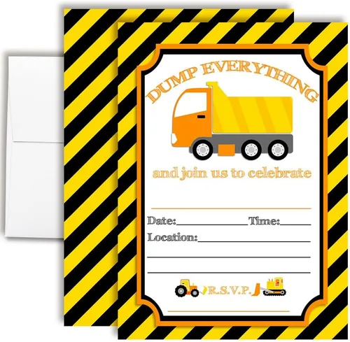 AmandaCreation - Invitaciones para fiestas de cumpleaños de construcción de camiones volquete de Dump Everything, 20 tarjetas de relleno de 5 x 7