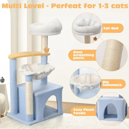 Miniatura 3 de Árbol para gatos con postes rascadores de sisal, torre para gatos con hamaca, lindo condominio para gatos pequeños de interior con cómoda cama