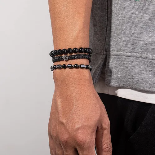 Miniatura 4 de Lynnaneo Juego de pulseras de cuentas para hombre de 0.315 in y 0.157 in de piedras preciosas curativas trenzadas con dije de circonita cúbica