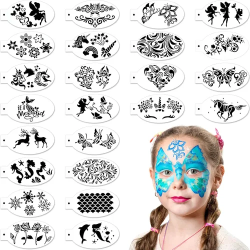 Chinco 24 plantillas de pintura facial, plantillas de tatuajes faciales y corporales, plantillas de pintura para niños, vacaciones, Halloween,