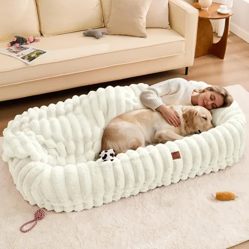 Miniatura 16 de ChiXnuggle Cama humana para perros adultos – Cama gigante de piel sintética rayada de lujo para perros con asa portátil, almohadilla de espuma