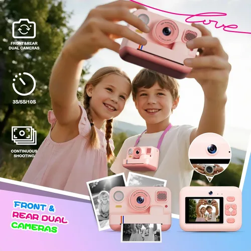 Miniatura 6 de Cámara de impresión instantánea para niños, regalos de cumpleaños de Navidad para niñas y niños de 3 a 15 años, cámara de video digital portátil Rosa