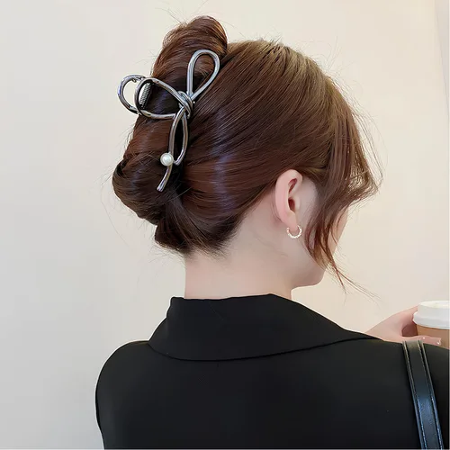 Miniatura 6 de Pinzas de metal negro con diseño de perlas blancas, elegantes horquillas francesas, pinzas de mandíbula negras para cabello grueso y fino, sin