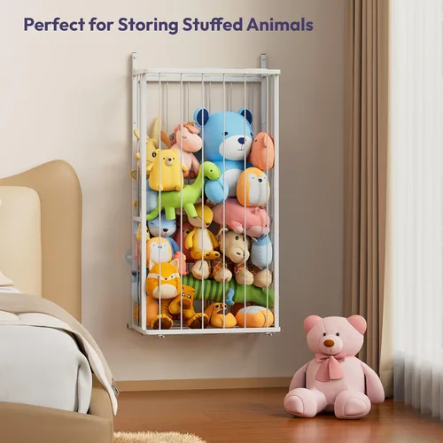 Miniatura 5 de SWTYMIKI Almacenamiento de animales de peluche colgantes, organizador grande de juguetes de peluche, montado en la pared o en esquina para Blanco