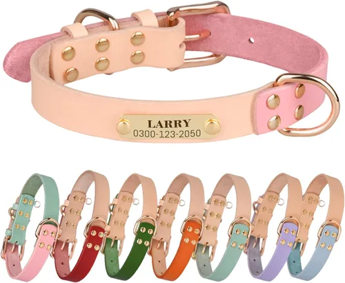 Miniatura 10 de Collar de perro personalizado con placa de identificación, piel auténtica, etiqueta de identificación de mascota grabada con número de teléfono
