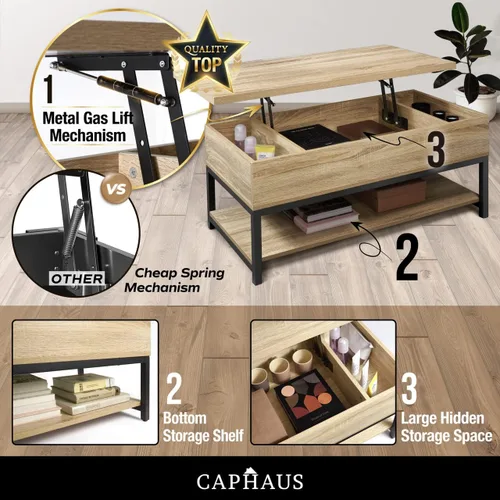 Miniatura 6 de CAPHAUS Mesa de centro elevable con compartimento oculto y cajón deslizante, mesa elevadora para almacenamiento de sala de estar, 41 pulgadas