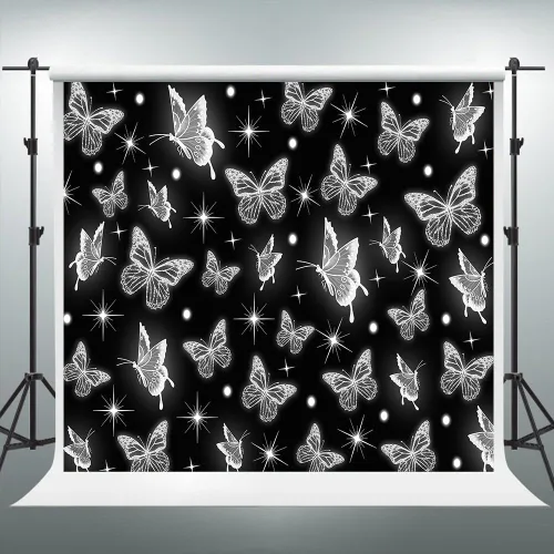Miniatura 6 de Fondo de principios de los años 2000, mariposa negra con purpurina, fondos de fotografía de fiesta de la vieja escuela 2000, decoración de fiesta