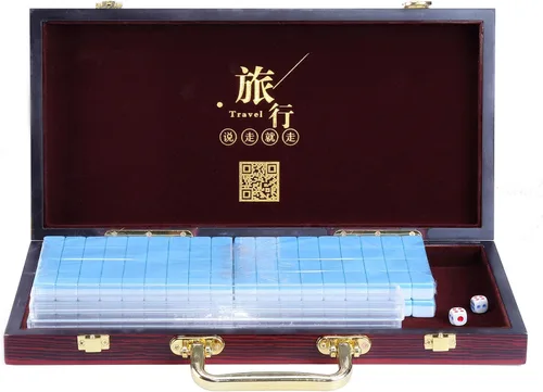 Miniatura 3 de Juego de mahjong chino en miniatura con mesa plegable 144 mini-azulejos, estuche y accesorios, juego de viaje (azul, 0.866 in)