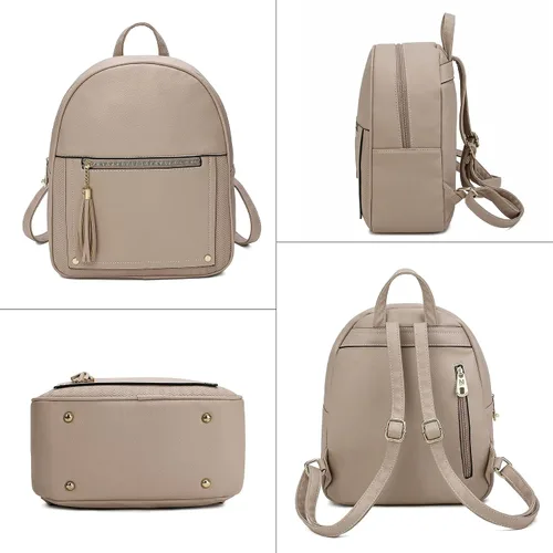 Miniatura 6 de Mini mochila antirrobo para mujer, bonita mochila escolar para adolescentes y niñas con cremallera segura y borla, Caqui, Mochilas de viaje