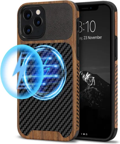 Miniatura 15 de TENDLIN Funda compatible con iPhone 12 Pro Max de grano de madera con diseño de textura de fibra de carbono, funda híbrida de cuero negro