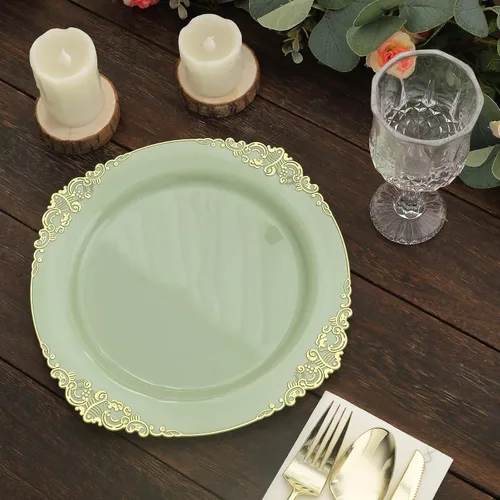 Miniatura 37 de Tableclothsfactory Paquete de 10 platos redondos de plástico barroco dorado de 8 pulgadas para ensalada de postre, vajilla desechable con borde