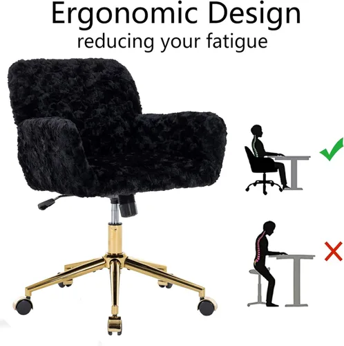 Miniatura 9 de Henf Silla de escritorio tapizada en piel sintética negra para maquillaje con base dorada, silla giratoria de oficina, silla de computadora