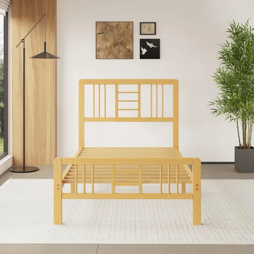 Miniatura 8 de Marco de cama de madera de bambú de 12 pulgadas con cabecero y estribo, marco de cama con soporte de listones de metal, resistente, no necesita