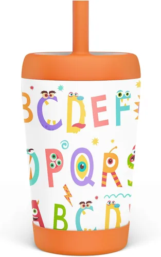 Vaso de acero inoxidable aislado para niños con popote de silicona, taza para sorber de 12 onzas para niños (alfabeto)