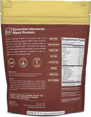 Miniatura 6 de Essential Elements Polvo de proteína de guisante orgánico – Chocolate cremoso Mezcla vegana a base de plantas baja en carbohidratos – Apto