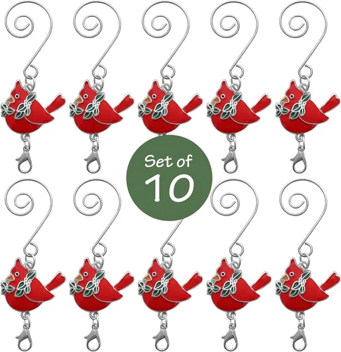 Miniatura 2 de Cardinals - Ganchos para adornos con gancho en S y pinza de langosta – Juego de 10 – Cardenales con hojas de acebo – Accesorios de Navidad