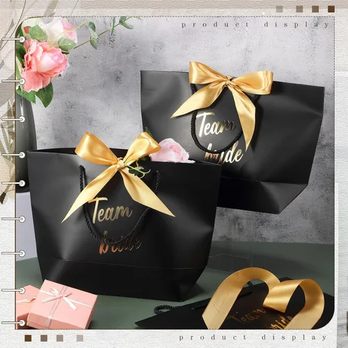 Miniatura 8 de Tenceur 16 bolsas de regalo de novia con lazo para dama de honor, bolsas de papel con asa, color negro para despedidas de soltera, bodas, despedidas