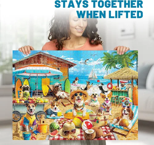 Miniatura 2 de BenBen Rompecabezas para adultos de 1000 piezas, perros en la playa, divertidos rompecabezas de perro con letras en la parte posterior, rompecabezas
