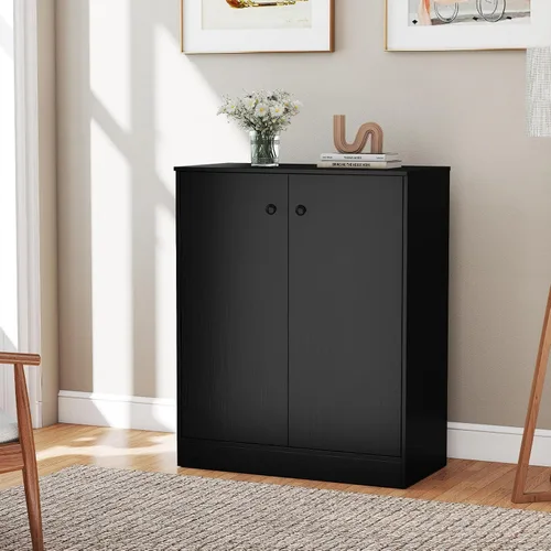 Miniatura 2 de LOKO Armario de almacenamiento de 2 puertas, armario de piso moderno con estante de 3 niveles, gabinete lateral independiente con dispositivo Negro