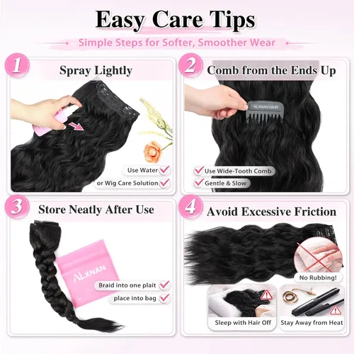 Miniatura 6 de ALXNAN Extensiones de cabello sintético largo y ondulado con clip, de 16 pulgadas, color negro natural, 4 piezas gruesas, fibra de doble trama