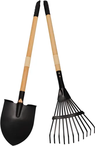 Juego de rastrillo y pala para niños, 2 piezas, herramientas de jardín, cabeza de metal con mango de madera, gran regalo de jardinería para niños y