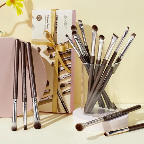 Miniatura 6 de Jessup Pinceles de sombra de ojos, 15 piezas, juego de pinceles de ojos naturales para sombra de ojos, corrector de cejas, delineador de ojos, novia