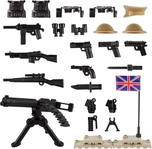 Paquete de armas militares, 24 piezas de accesorios del Reino Unido, kits de juguetes, equipo del ejército, armas de la Segunda Guerra Mundial para