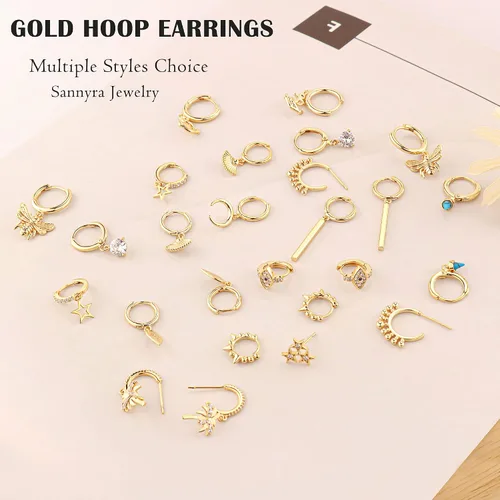 Miniatura 5 de SANNYRA Aretes de aro para mujer, chapados en oro de 14 quilates, circonita cúbica, luna, estrella, rayo, mal de ojo, aretes colgantes para mujer