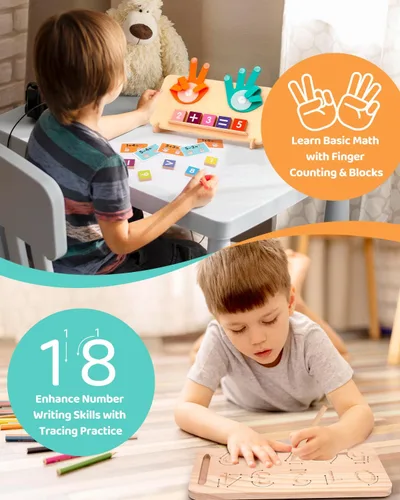 Miniatura 5 de Juguetes de aprendizaje Montessori para niños pequeños de 2 a 4 años, tablero de doble cara para contar con los dedos y trazar números, bloques