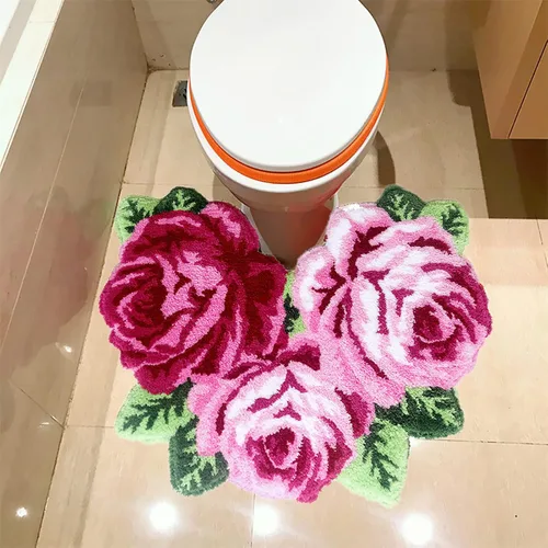 UKELER Accesorios de baño rosas de 27.5 x 23.6 pulgadas, tapete de baño con diseño de flores rosas, antideslizante, lavable a máquina, tapete de