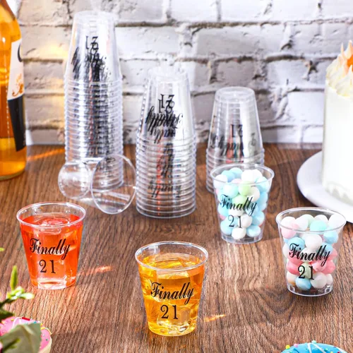 Miniatura 4 de Roshtia 100 vasos de chupito de 21 cumpleaños, finalmente, 21 vasos de chupito de plástico desechables, vasos de muestra de 2 onzas, vasos