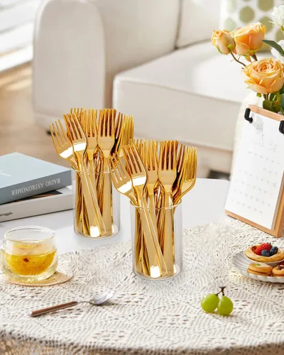 Miniatura 7 de YOUBET 50 tenedores de plástico dorado – Tenedores de plástico resistentes – cubiertos desechables dorados sólidos y duraderos para fiestas, picnic