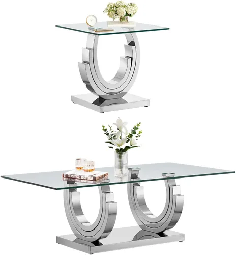 Miniatura 60 de SSLine Mesa auxiliar de cristal de lujo para sala de estar, mesa auxiliar moderna dorada con base de pedestal de acero inoxidable en forma de flor