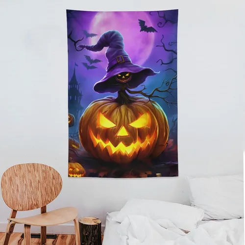 Miniatura 7 de josnmre Tapiz morado con diseño de murciélago y fantasía, fantasma, para colgar en la pared, divertido tapiz de pared de calabaza para dormitorio