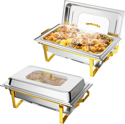 Miniatura 14 de ROVSUN Platos dorados para bufé, juego de bufé de 9 cuartos con tapa de vidrio, servidores y calentadores de bufé de acero inoxidable con marco