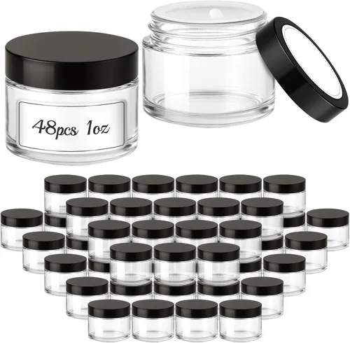Miniatura 13 de Bumobum - Tarros de vidrio de 1 onza con tapas, paquete de 48 tarros de crema ámbar con tapas negras, etiquetas blancas y negras y revestimientos