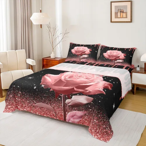 Miniatura 18 de Manfei Juego de sábanas de rosas rosas 3D tamaño individual, juego de ropa de cama brillante con purpurina rosa para decoración de habitación