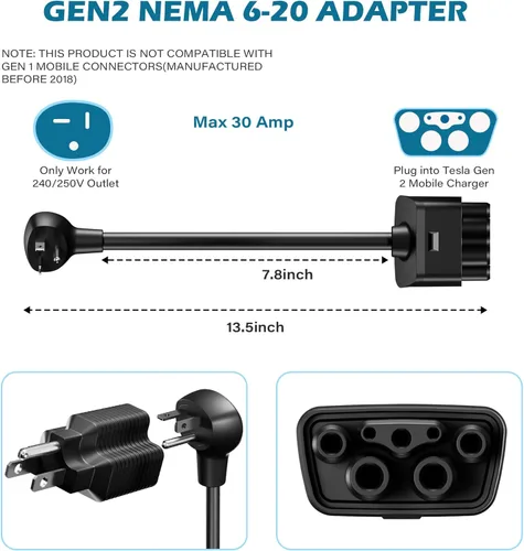 Miniatura 2 de HiFind Adaptador NEMA 6-20 para cargador móvil Tesla Gen 2 de 1 pie, conecta el cargador portátil Tesla a una toma de 6-20P, 240 V 20 A