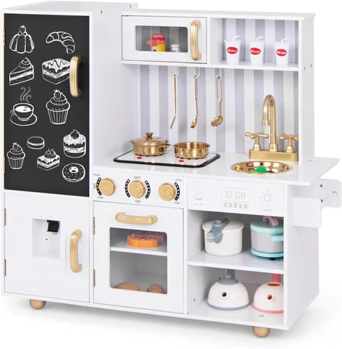HONEY JOY Juego de Cocina para Niños, Conjunto de Cocina de Juego de Madera del Pequeño Chef con Pizarra y Dispensador de Agua, Estufa Iluminada,
