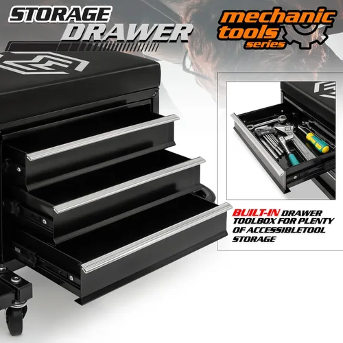 Miniatura 7 de M-AUTO Taburete Mecánico Rodante Taburete de Caja de Herramientas de Garaje Asiento de Cofre de Herramientas con Ruedas, Capacidad de 350 LBS