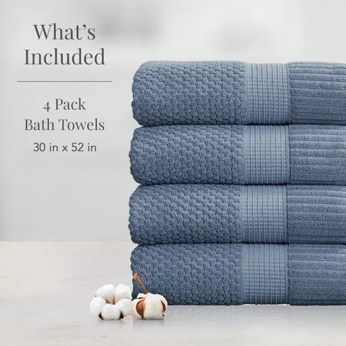 Miniatura 2 de NY Loft Paquete de 4 toallas de baño 100% algodón, supersuaves y absorbentes, de secado rápido, 30 x 52 pulgadas, algodón texturizado y duradero