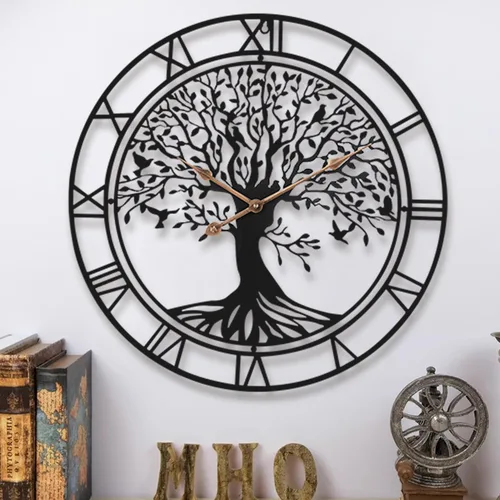 Dankeit Reloj de pared con diseño de árbol de la vida, reloj de pared de metal negro de 24 pulgadas con árbol familiar de gran tamaño para sala de