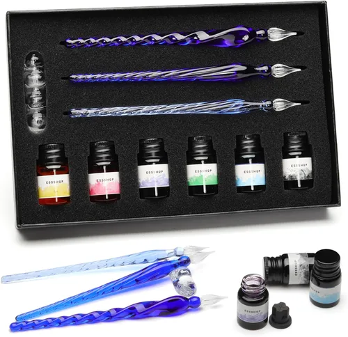 ESSSHOP Juego de Plumas de Vidrio para Caligrafía - 3 Plumas de Inmersión de Cristal Azul con Tinta de Color y Soporte para Pluma, Kit de