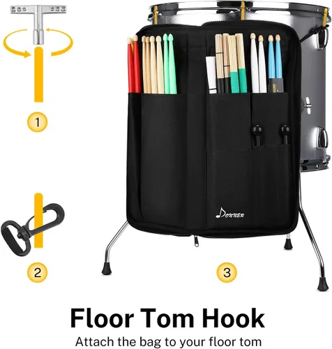 Miniatura 5 de Donner - Porta baquetas de gran capacidad con espesor, bolsa para baquetas, colgante y portátil para baquetas, cepillos y mazos, hasta 12 pares