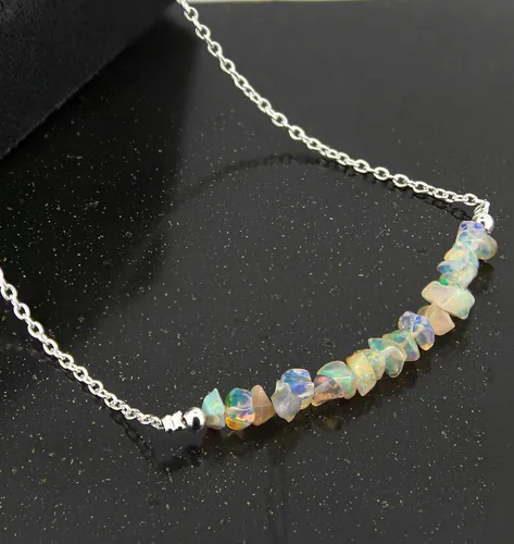 Miniatura 2 de Gempires Fire Opal Chips Bar Necklace, Opal Crystal Necklace, Gift for Her, Gemstone Jewelry, 18 inch Adjustable Silver Plated Chain