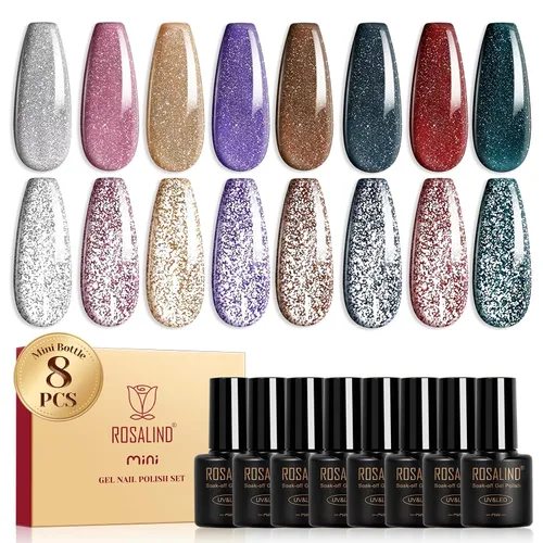 Miniatura 15 de ROSALIND Esmalte de uñas de gel azul, 8 colores azul marino claro azul oscuro con purpurina, juego de esmalte de uñas UV MINI Aquarius para manicura