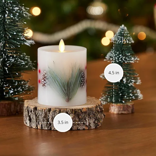 Miniatura 6 de Luminara Vela LED sin llama incrustada, bayas de pino de 3.5 x 4.5 pulgadas, pilar de llama móvil, temporizador a pilas, cera real, sin perfume