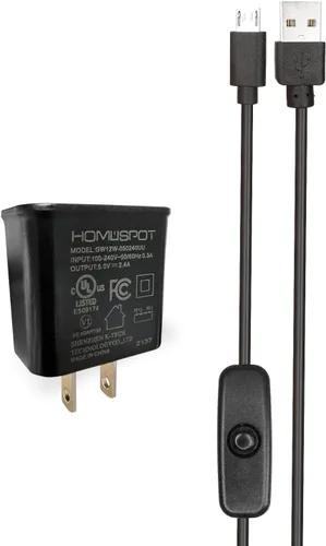 Fuente de alimentación/adaptador/cargador de 5V 2.4A (listado UL) con cable micro USB de 5 pies de largo con botón de interruptor de encendido y